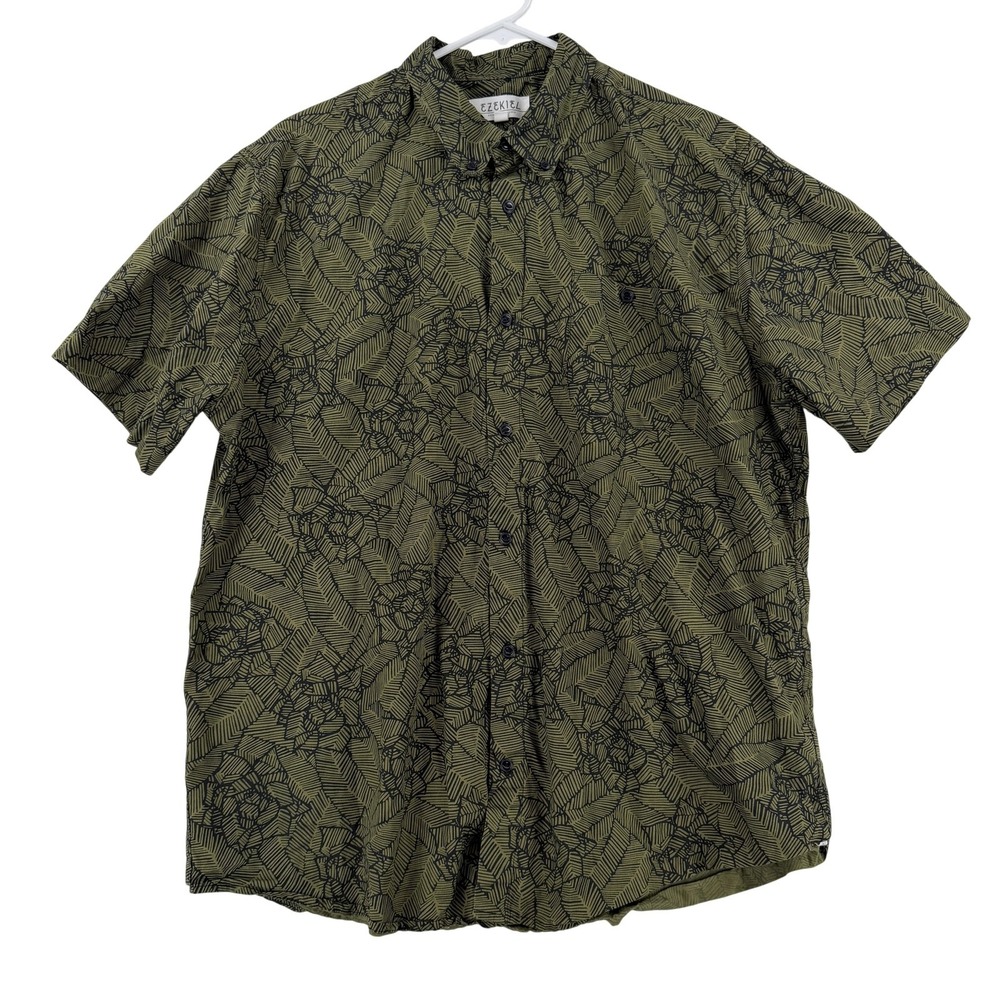 Ezekiel Hawaiian Shirt Mens XL Green Geometric Tropical Short Sleeve Button